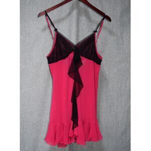 Betsey Johnson Intimates Pink & Black Lace Ruffle Slip Dress Size L